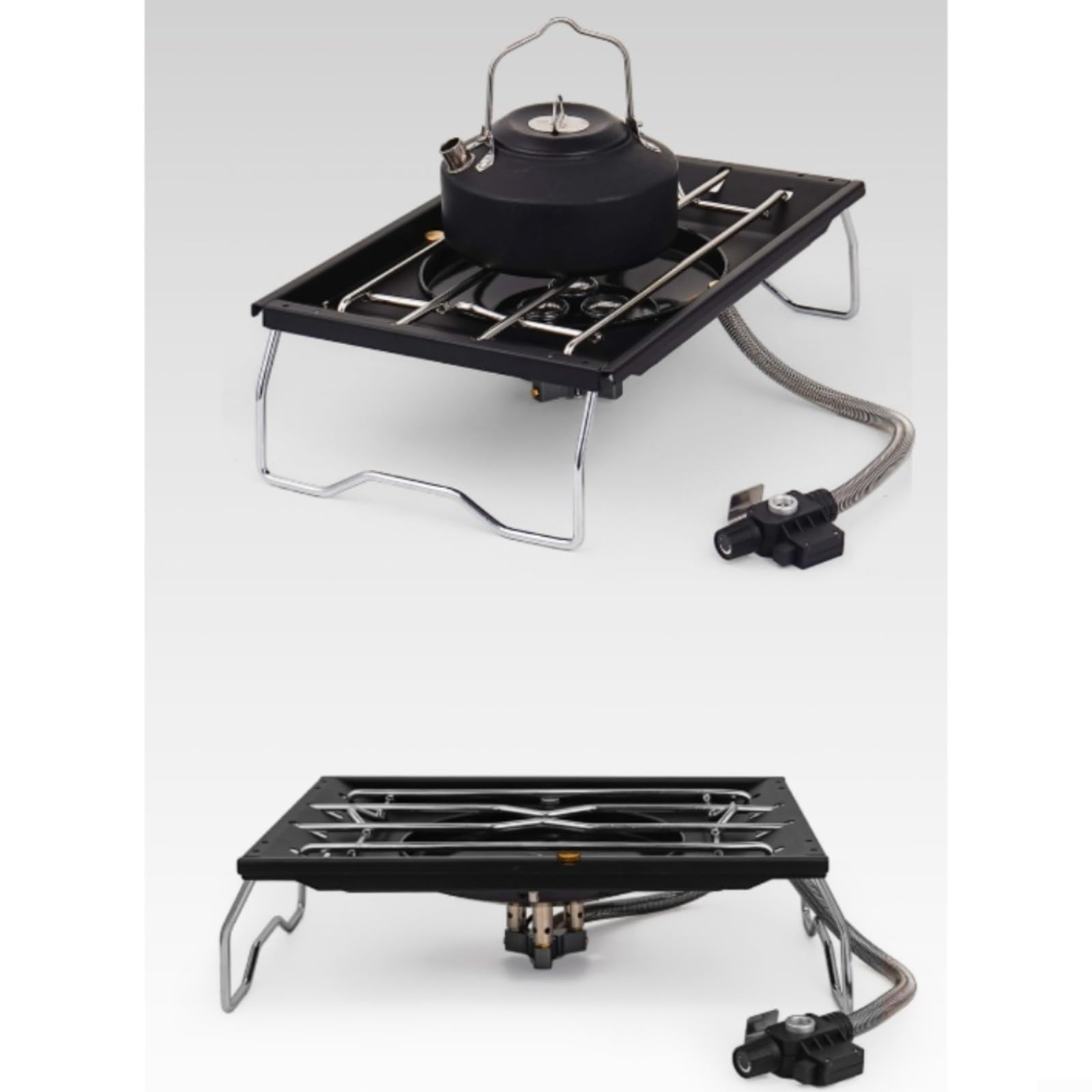 Tragbarer Campingkocher mit winddichtem Schild, faltbarer Gasherd für IGT Tischplatte, Edelstahl-Grill zum Wandern, Picknick (schwarz)