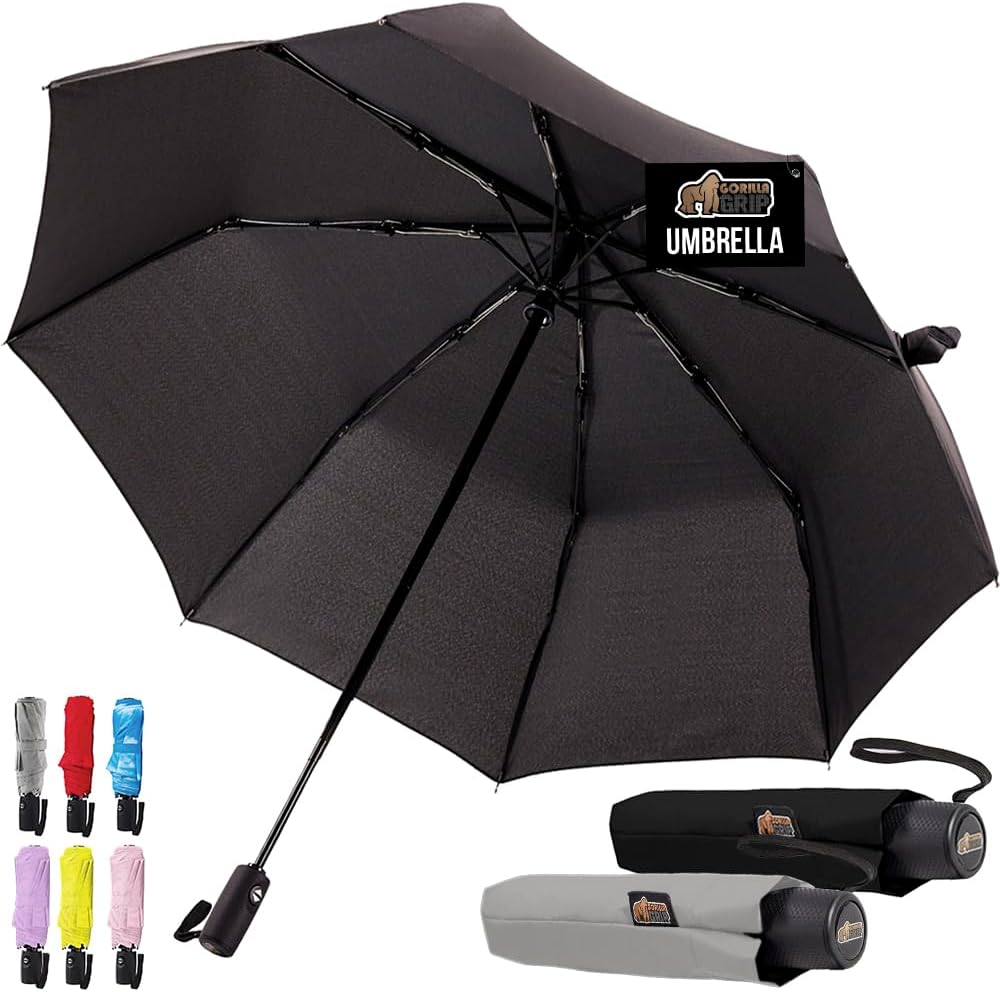 GORILLA GRIP Windproof Compact Stick Umbrella for Rain, One-Click Automatic Open and Close, Strong Reinforced Fiberglass Ribs, Easily Collapsible, Lightweight Portable Umbrellas...