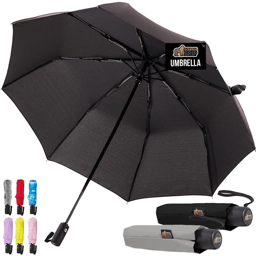 GORILLA GRIP Strong Windproof Stick Compact Umbrella for Rain, 2 PK, One-Click Automatic Open Close, Durable Quick Dry Waterproof Material,