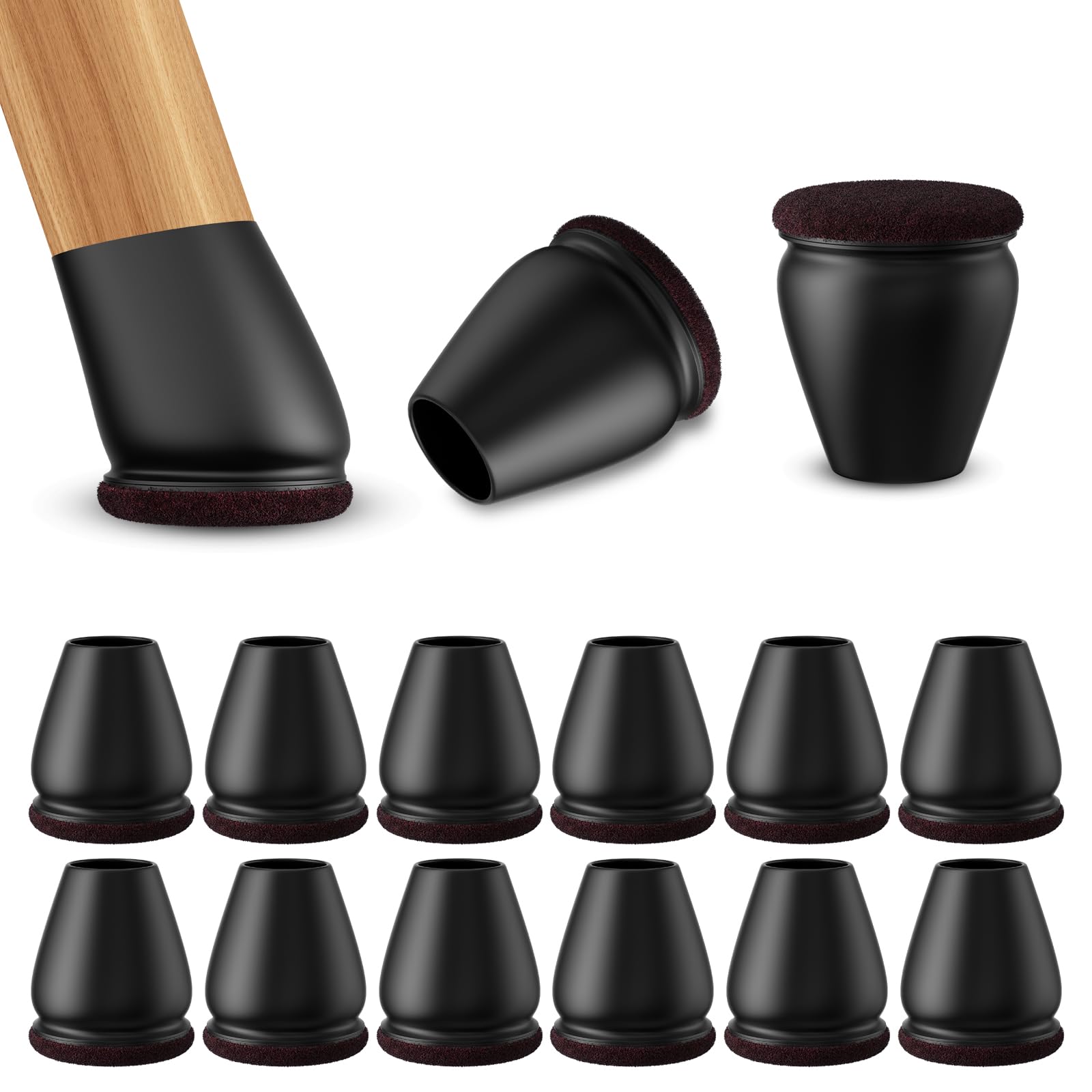 RCHYFEED Chair Leg Floor Protectors, 24 Pcs Silicone Black Chair Leg Covers Caps for Hardwood Floors with Wrapped Felt, Furniture Feet Protectors Pads Tilted Legs, Noise Reduction (fit:11-15mm)