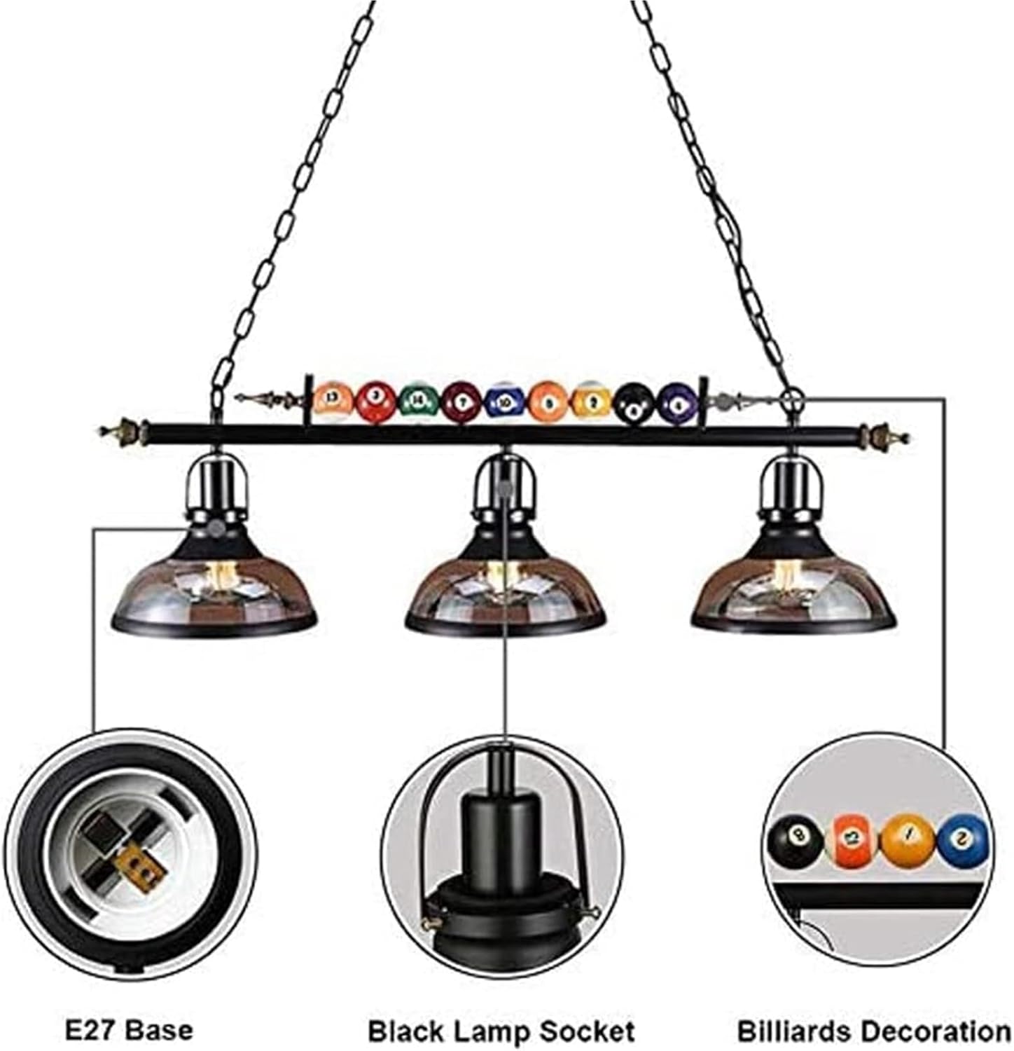 Creative Hanging Pool Table Lighting Fixtures Ceiling Lamp 1/2/3 Light Real Billiard Ball Design Lamp with Glass Shades for Game Room/3 Heads