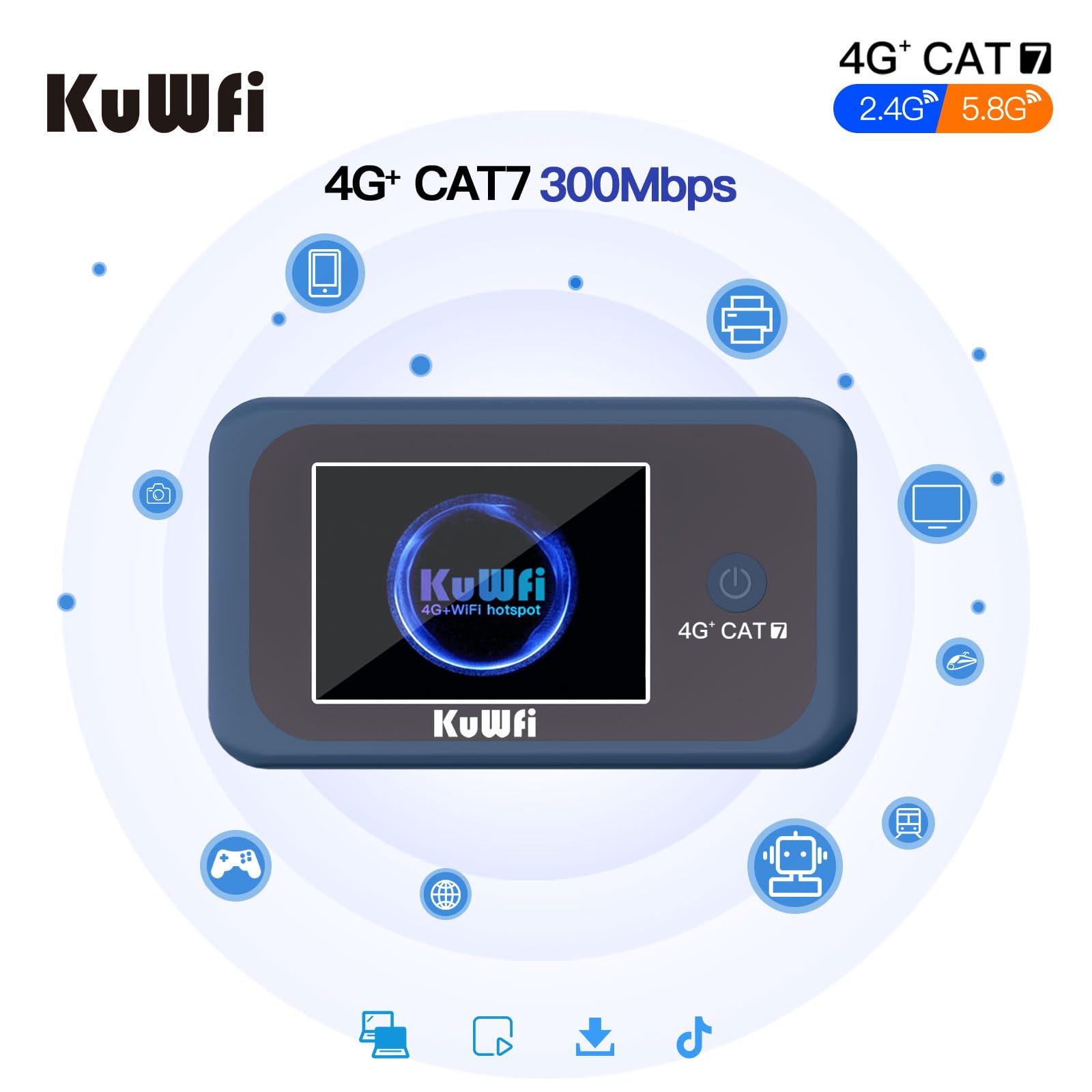 KuWFi Routeur WiFi 4G+ Portable, Hotspot LTE Cat7 Débloqué pour Voyage | Routeur WiFi Double Bande 300 Mbps, Batterie 3000 mAh, Carte SIM 2 Go Incluse, Idéal pour Camping-car, Voyages et Télétravail