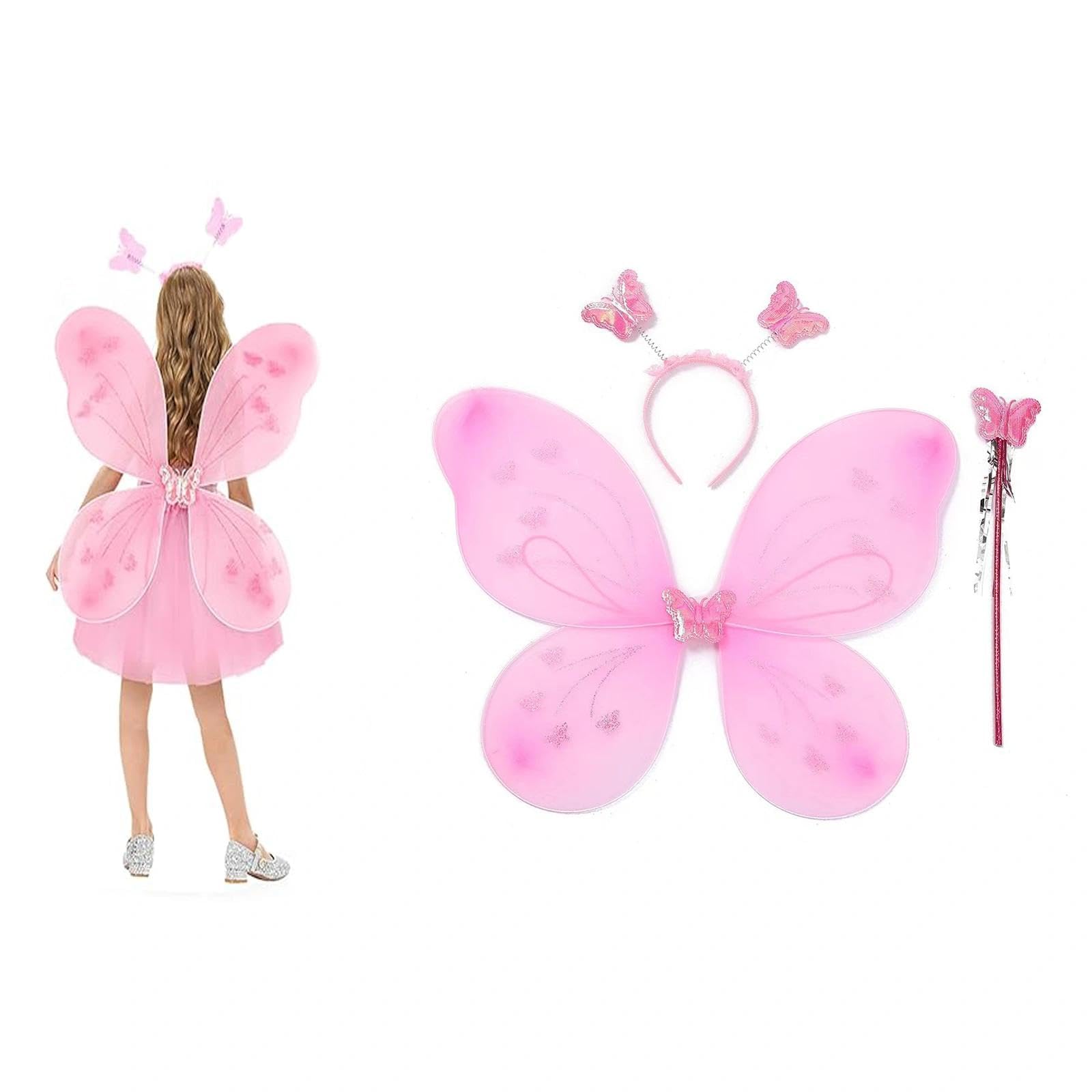 AYZDJ Kids Fairy Wings Costume Set - Butterfly Wings, Tutu Skirt, Magic Wand, Headband & Princess Dress Kit for Girls, Fantasy Role Play & Birthday Party Outfit