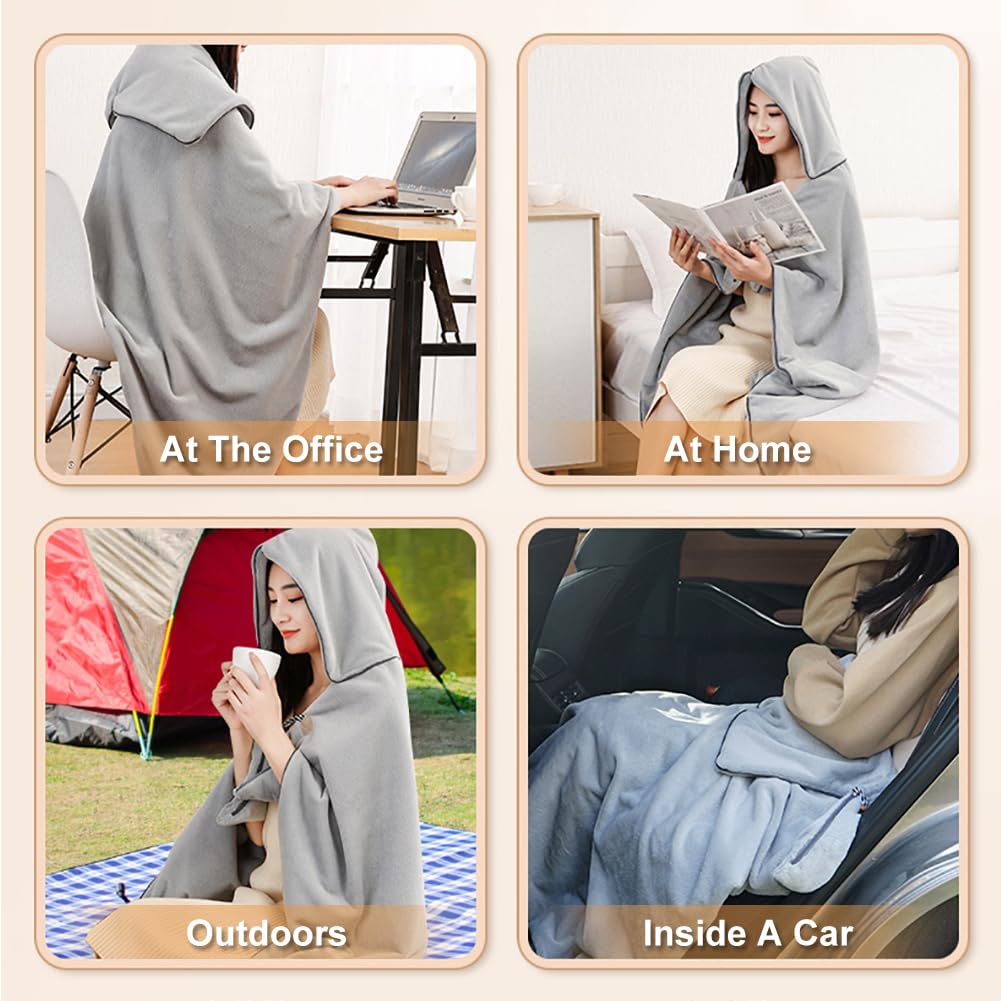 Woolala Coperta indossabile con cappuccio riscaldata USB 3 impostazioni di riscaldamento, lavabile in lavatrice, portatile, calda, morbida flanella, scialle riscaldata elettrica, per donne, uomini