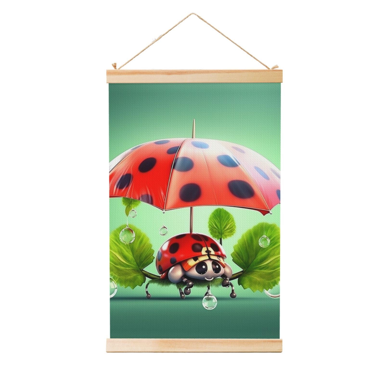 Funny Ladybug Holding Umbrellas Poster Wooden Shaft Hanging Poster Wall Hanging Banner Canvas Artwork with Wood Frames 20"x30" Modern Artwork Decor Ready to Hang Wall Art for Home Decor Scroll