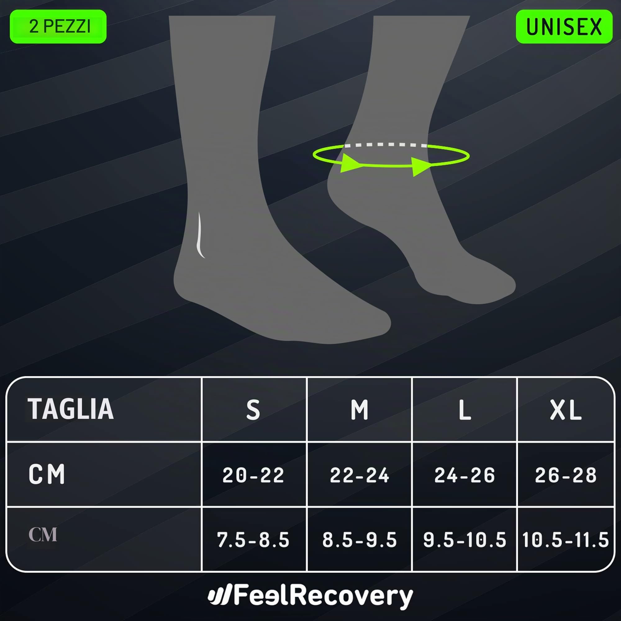Feel Recovery 2 Tutore Caviglia per Uomo e Donne - Cavigliere Elastiche a Compressione - Fascia Sportive per Distorsioni, Running, Calcio e Sport - Traspiranti e Antiscivolo (L, Verde)