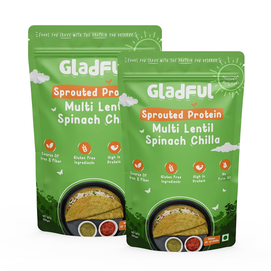 Gladful Spinach Protein Sprouted lentils & millets Instant Chilla - Dosa Mix, Natural healthy protein & fiber-rich food for kids and families, 200 g (Pack of 2)