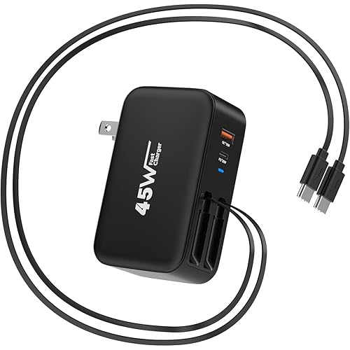 4 in 1 Retractable iPhone Charger Fast Charging Wall Plug,45W Multiport Charger Foldable Block Dual Port(USB C+USB A) Wall Brick with 2 Retractable USB C Cable for iPhone 17/16/15,iPad Pro/Air/Mini