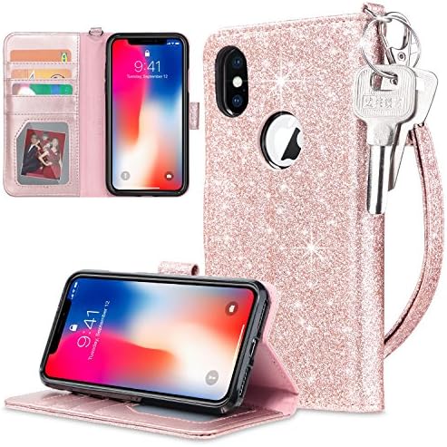 UARMOR Phone Case for Apple iPhone X / iPhone 10 / iPhone XS 5.8 inch, Glitter Bling Sparkly Shiny PU Leather Folio Flip Case With Kickstand ID Credit Card Holder Shockproof Rubber Cover, Rose Gold