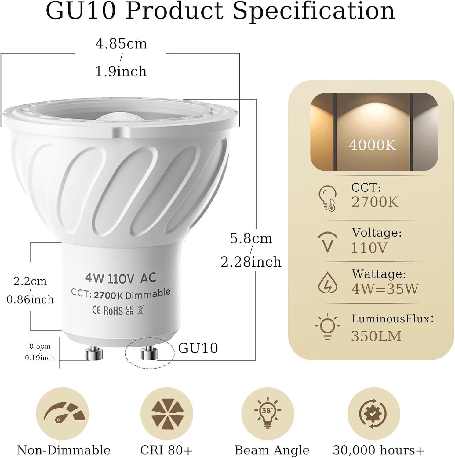 10 Pack GU10 LED Bulb, 2700K Warmer White, 350LM, 4W (35W Halogen Equivalent), Non-Dimmable MR16 GU10 Replacement Bulbs for Recessed Track Lighting, Kitchen, Range Hood, Living Room, Bedroom