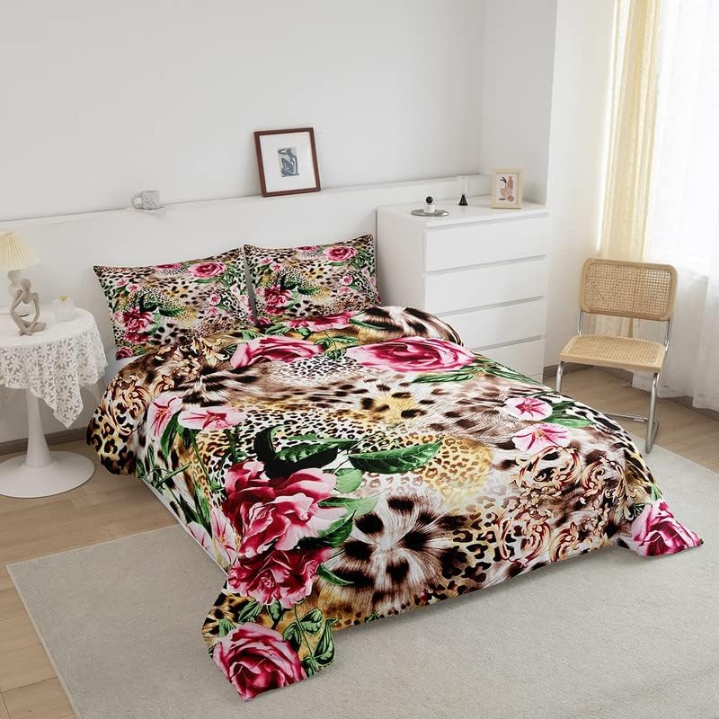 Miniatura 2 de Juego de edredón de leopardo para niñas y niños, edredón con estampado floral de flores, decorativo, lindo juego de ropa de cama con estampado de
