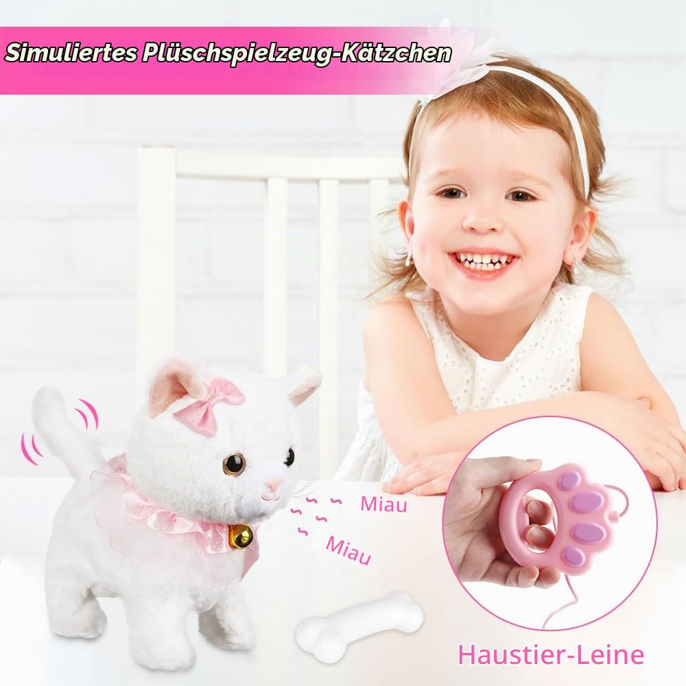 Interaktives Plüschtier, Elektronische Haustiere, Katze Elektrisch Spielzeug für Kinder, Katze Kuscheltier, für Kinder Mit Gehen, Bellen, Schwanzwedeln, für Kinder Mädchen Junge Geschenk