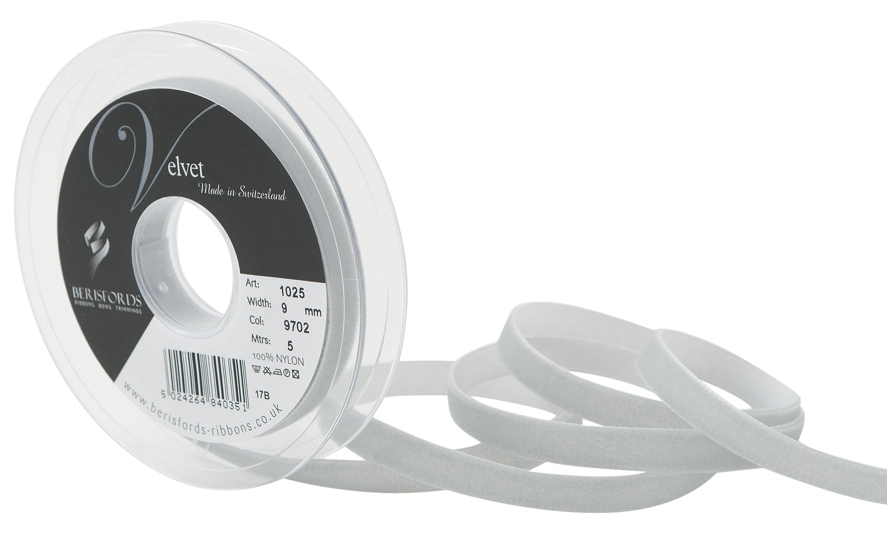 Berisfords Velvet Ribbon, Silver, 102 x 15 x 102 cm — image 1