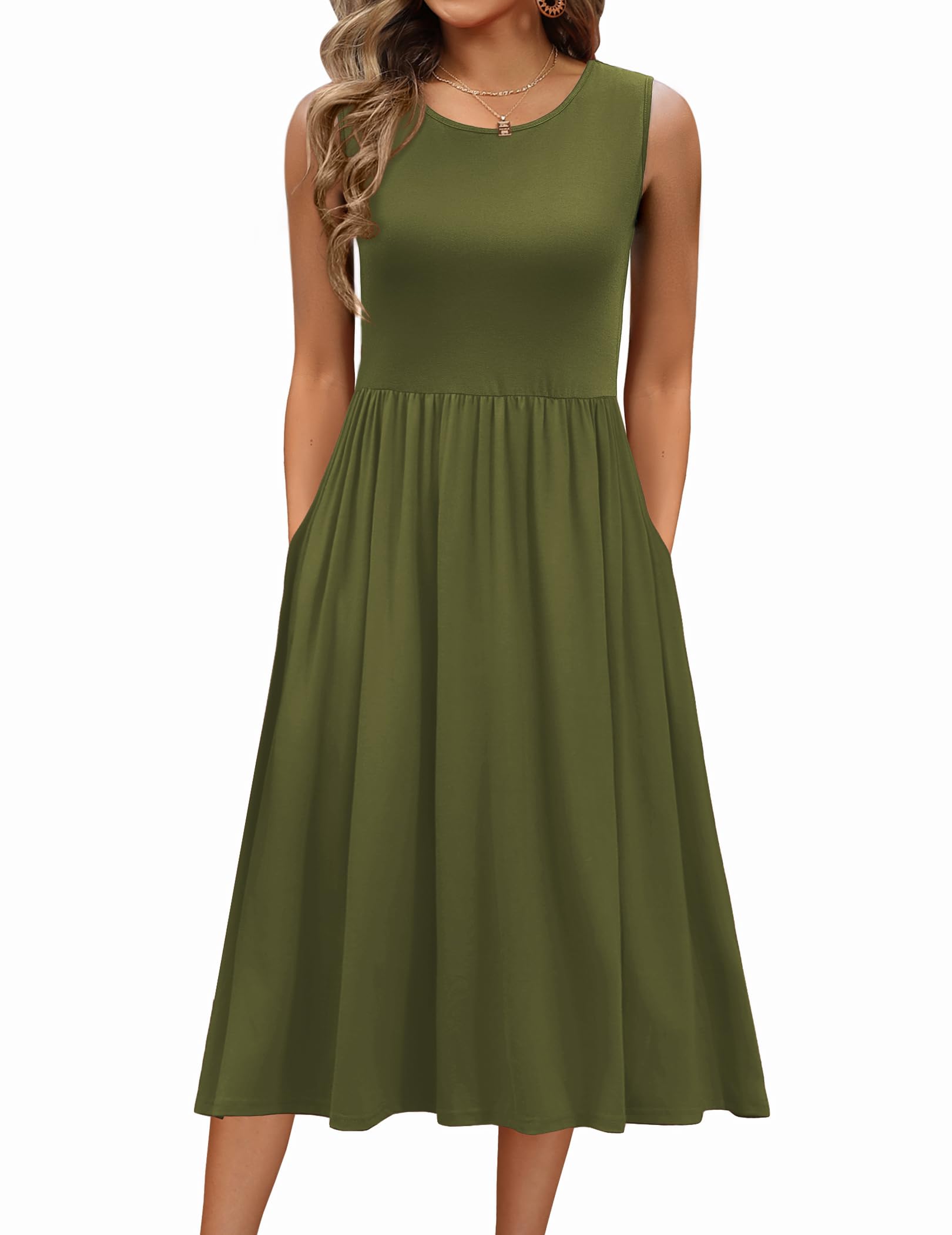 Zeagoo Sommerkleid Damen Ärmelloses Rundhals Freizeitkleider Elegant A Linie Strandkleid Lässige Tank Kleid mit Taschen S-XXL