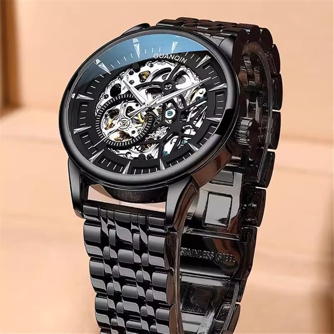 GUANQIN Vintage Men Skeleton Automatic Self-Wind Mechanical Watch Sapphire Business Double-Sided Hollow Waterproof Luminous Clock Man Genuine Leather or Stainless Steel Strap Wristwatch