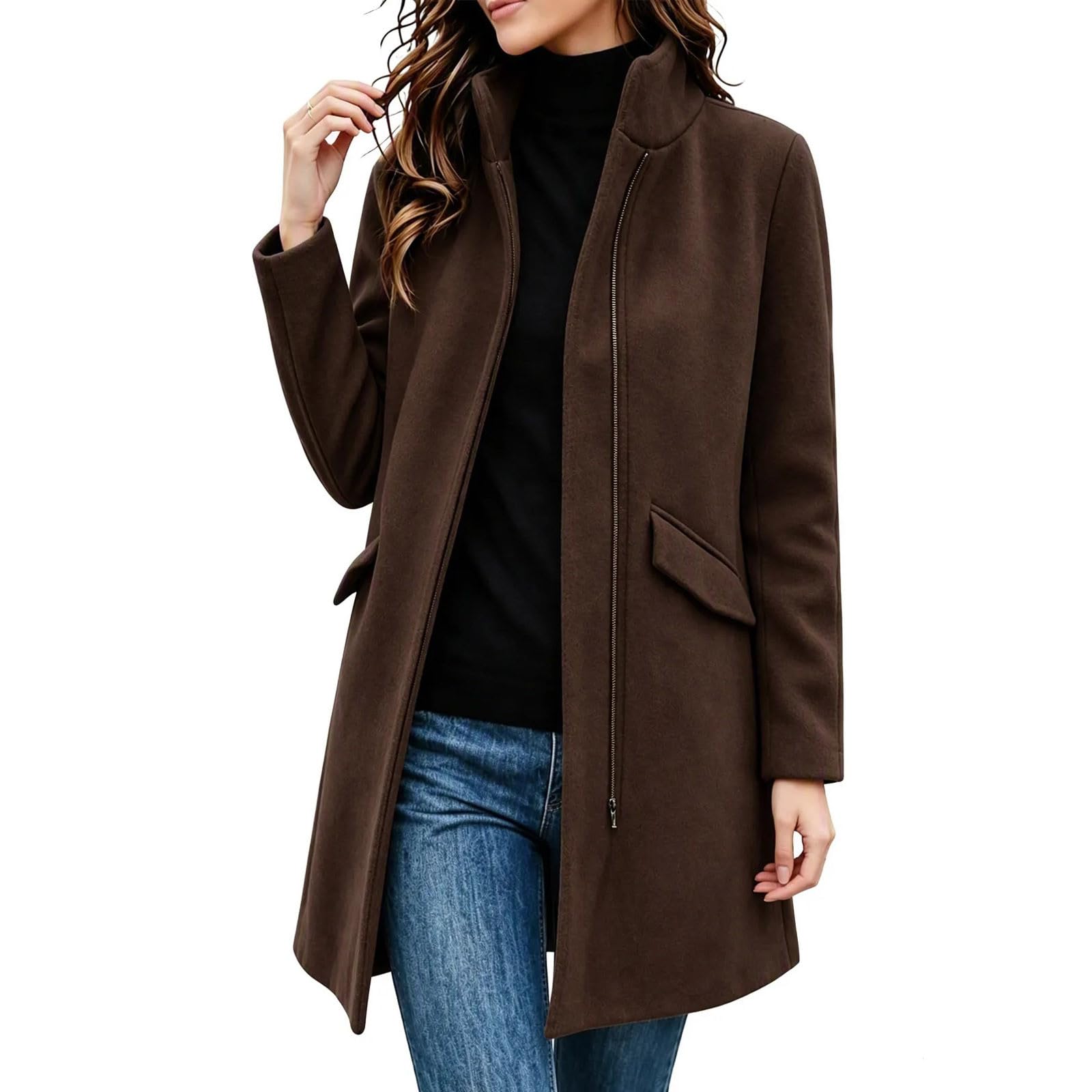 Generisch Winter Damen Wollmantel Stehkragen Freizeitjacke Lange Trenchcoat