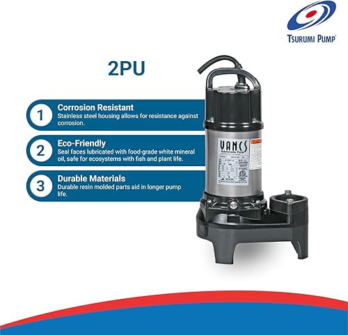 Miniatura 3 de Tsurumi Pump 2-PU  Bomba sumergible para estanque y cascada  15 HP, 120 V, descarga de 2 pulgadas,  Bomba de agua ideal para estanques, fuentes,