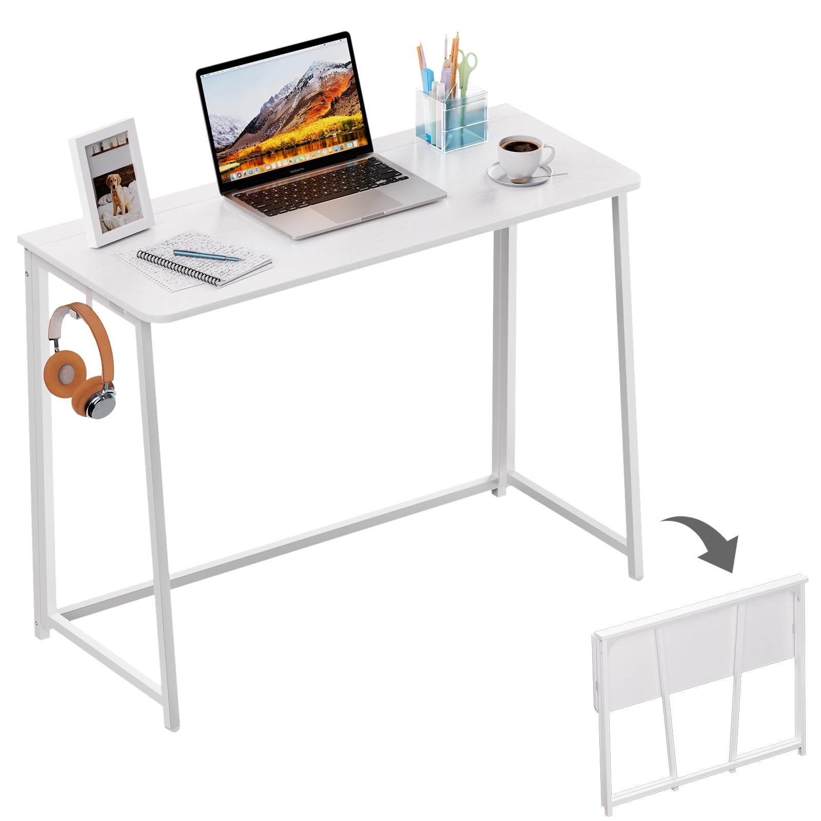 WOHOMO Folding Desk, Small Writing Desk, Space-Saving Foldable Laptop Table Writing Workstation for Home Office, Easy Assembly, White