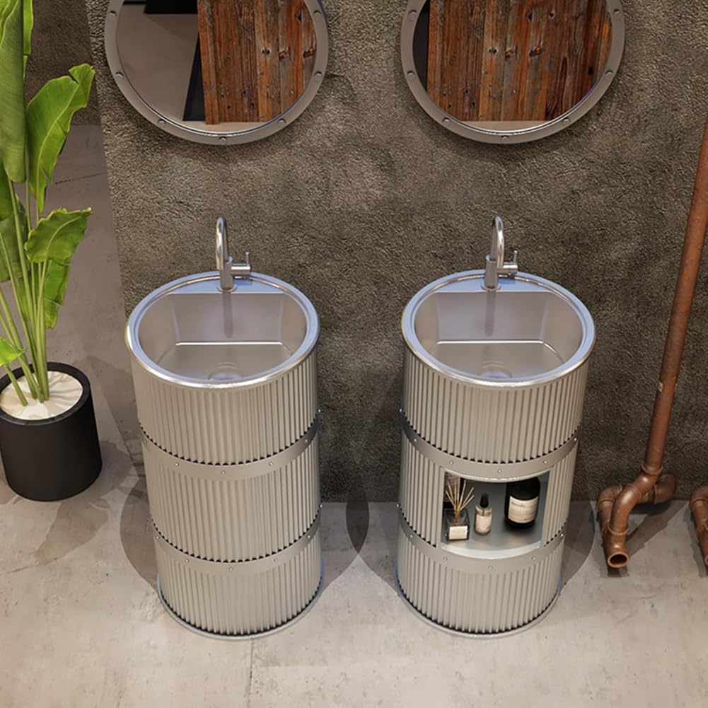 ZTGL Lavabo de Pie, Mueble de Baño Pequeño con Lavabo de Acero Inoxidable, Moderno Muebles de Baño Lavabo Estilo Industrial Diseño de Hierro Forjado Lavamanos Pedestal,Plata