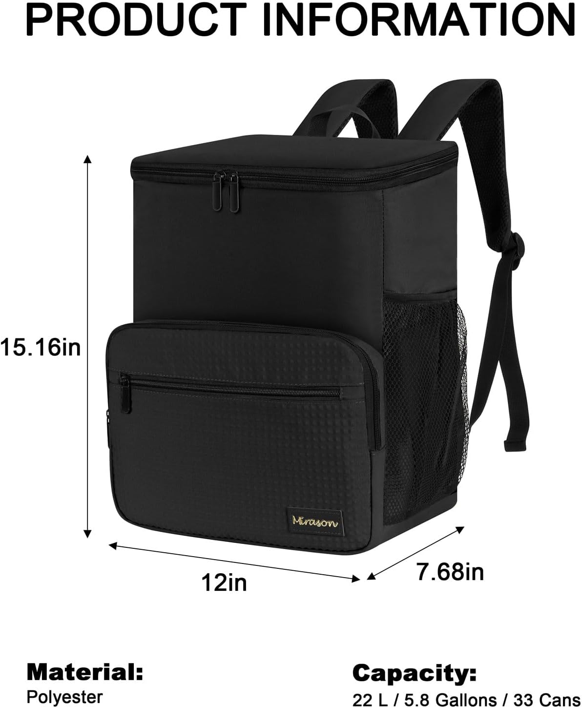 MIRASON Cooler Backpack Insulated Leak Proof Beach Backpack Cooler Bag, Cooling Beer Lunch Backpack Cooler for Men Women Picnic Hiking Camping Travel with 4 Pockets