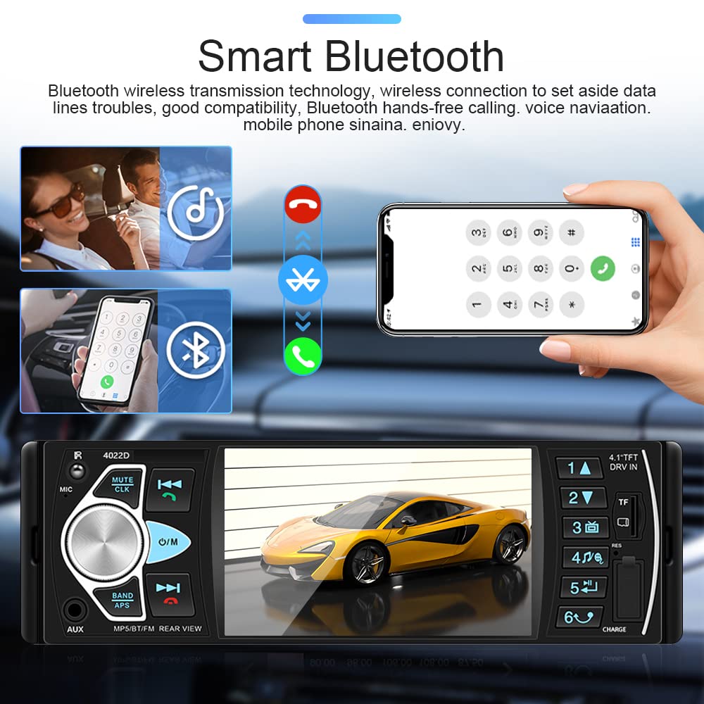 Hikity Radio Coche 1DIN Bluetooth, Pantalla Digital TFT 4.1'' | Manos Libres, Cámara Trasera, FM USB AUX TF, SWC, Estéreo, Radio Pantalla 1 Din