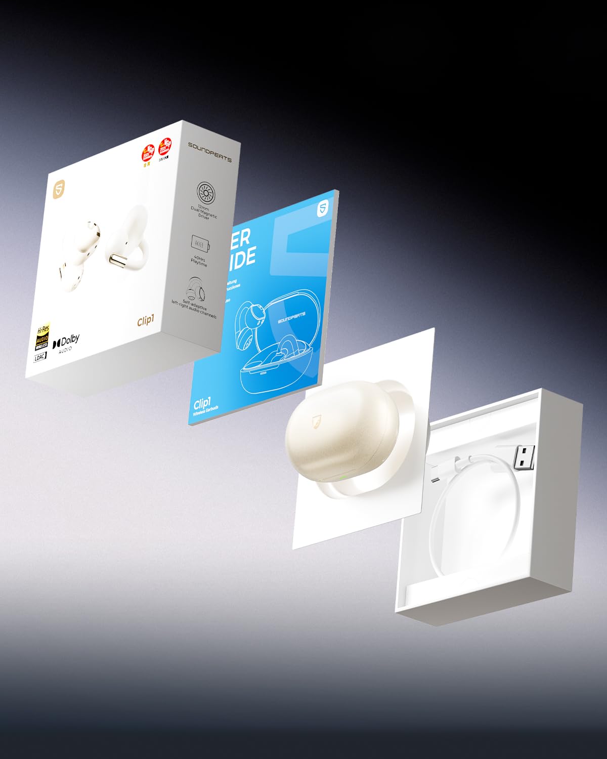 SoundPEATS Clip1 Open-Ear Auricolari, con Hi-Res e LDAC, Audio Dolby, Autonomia di 40 Ore, Ricarica Rapida, Bluetooth 5.4, Connessione Multipla, IPX5, Rilevamento Uso, PeatsAudio APP