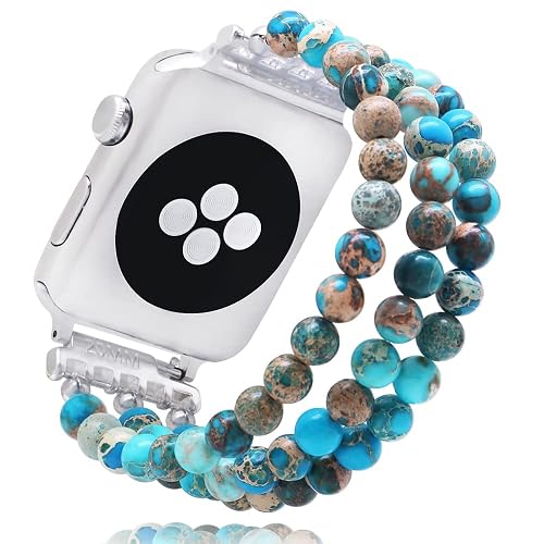 Natural Stone Beaded Bracelet Compatible with Apple Watch Band Series 9, 10, Ultra 2, SE, Ultra 8 7 6 5 4 3 2 1, Elastic Stretchy Watch Strap for iWatch Band 38mm 40mm 41mm 42mm 44mm 45mm 49mm Women