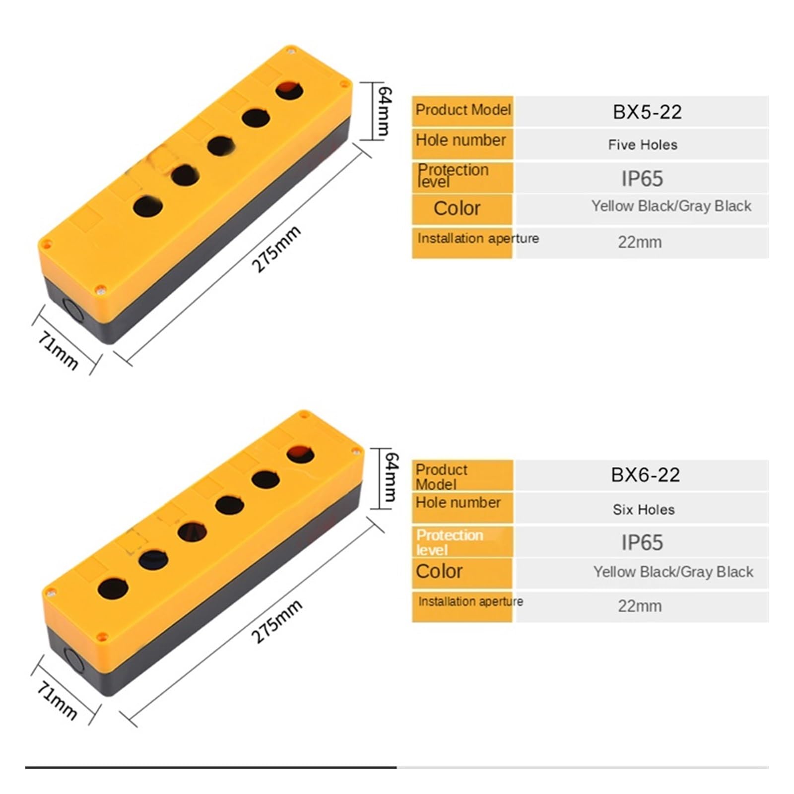 Boîtier de commande à boutons-poussoirs Boîtier de commande étanche à bouton-poussoir de 22 mm, jaune/gris, 1/2/3/4/5/6 trous, indicateur industriel(Yellow,5 Hole)