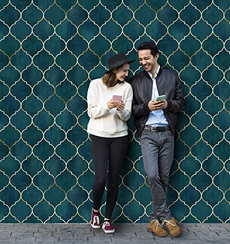 Image of DWELLSINDIA Dark Aqua Moroccan Geometric Wallpaper for Interior Decor | Self Adhesive Peel & Stick, Thick Textured Premium Paper | Waterproof, Scratch Resistant | Living Room & Bedroom | 41 x 244 cm