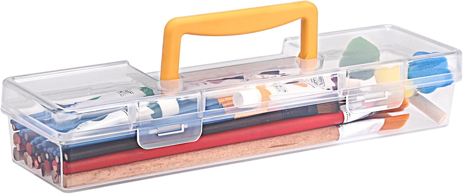 BTSKY 1 Pack Clear Plastic Painting Brush Container with Yellow Handle, Portable Long Paintbrush Case, Drawing Tools Storage Box, Practical Art Supply Organizer for Artist Crafters, 13.1"x3.7"x2.4"