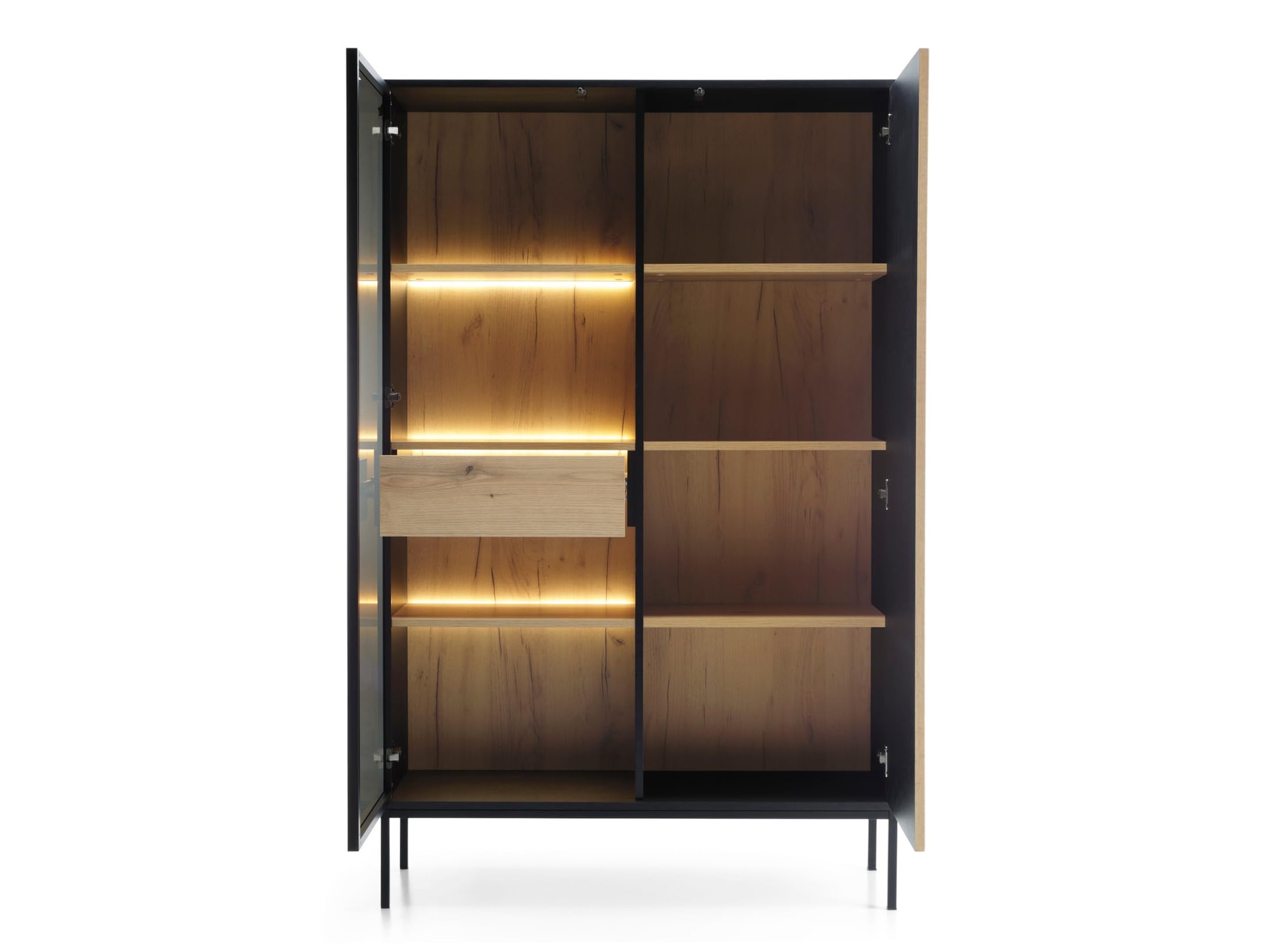 Daveno Vitrinenschrank 100 cm, Glasvitrine Stehend - Highboard, Vitrine, Glasvitrine Schwarz mit LED und Lamellen - 166 cm hoch