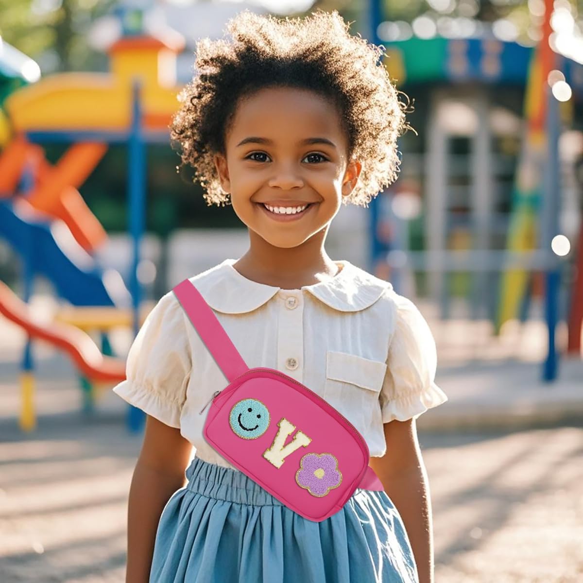 Fanny Pack for Girls Pink Kid Crossbody Bag Chenille V Letter Preppy Belt Bag, Christmas Birthday Easter Gifts for Teen Daughter Sister, Personalized Nylon Purse for 4 5 6 7 8 9 10 Year Old Girls - Image 5