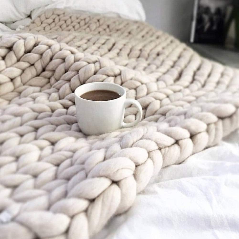 Inverse growth Handmade Chunky Knit Blanket Large Thick Wool Bulky Knitting Throw for Bedroom Decor Pet Bed Chair Mat Rug Camel 32"×40"