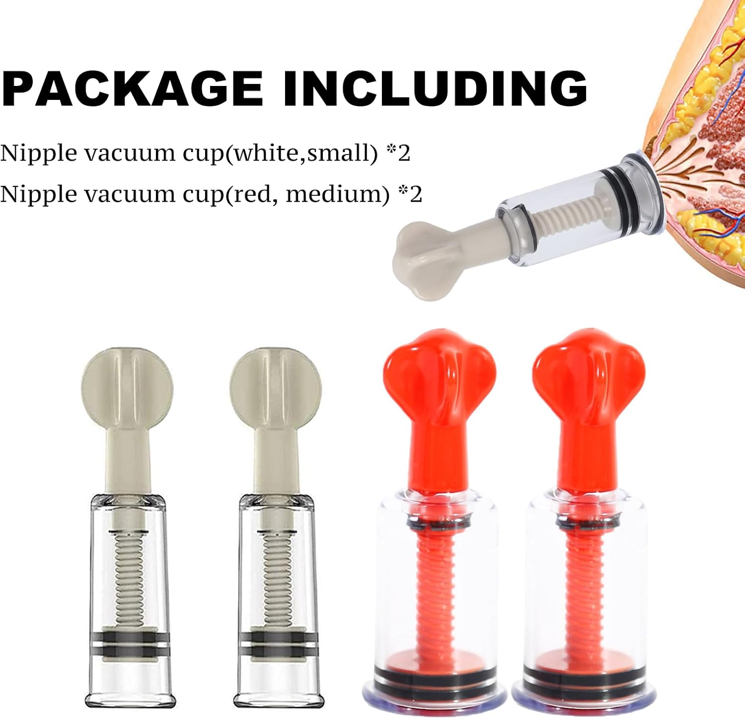 Jesakmie 4pcs 2Size Red White Nipplesuckers for Flat Inverted Nipples, Vacuum Pump Cup Nipple Corrector for Breastfeeding Mother or Women