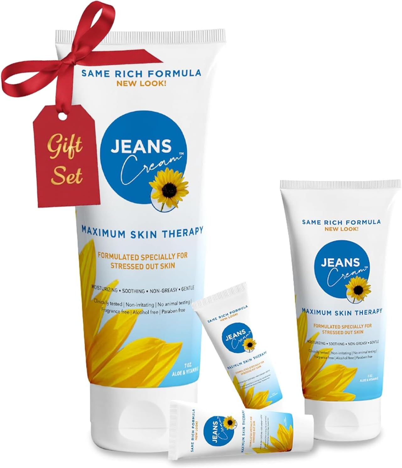 - Jeans Cream, Maximum Skin Therapy Radiation Burn Cream, Moisturizing Vitamin E and Aloe Vera Cream for Compromised Skin, Minor Cuts, Sunburn and More, Non-Greasy Formula, Gift Set