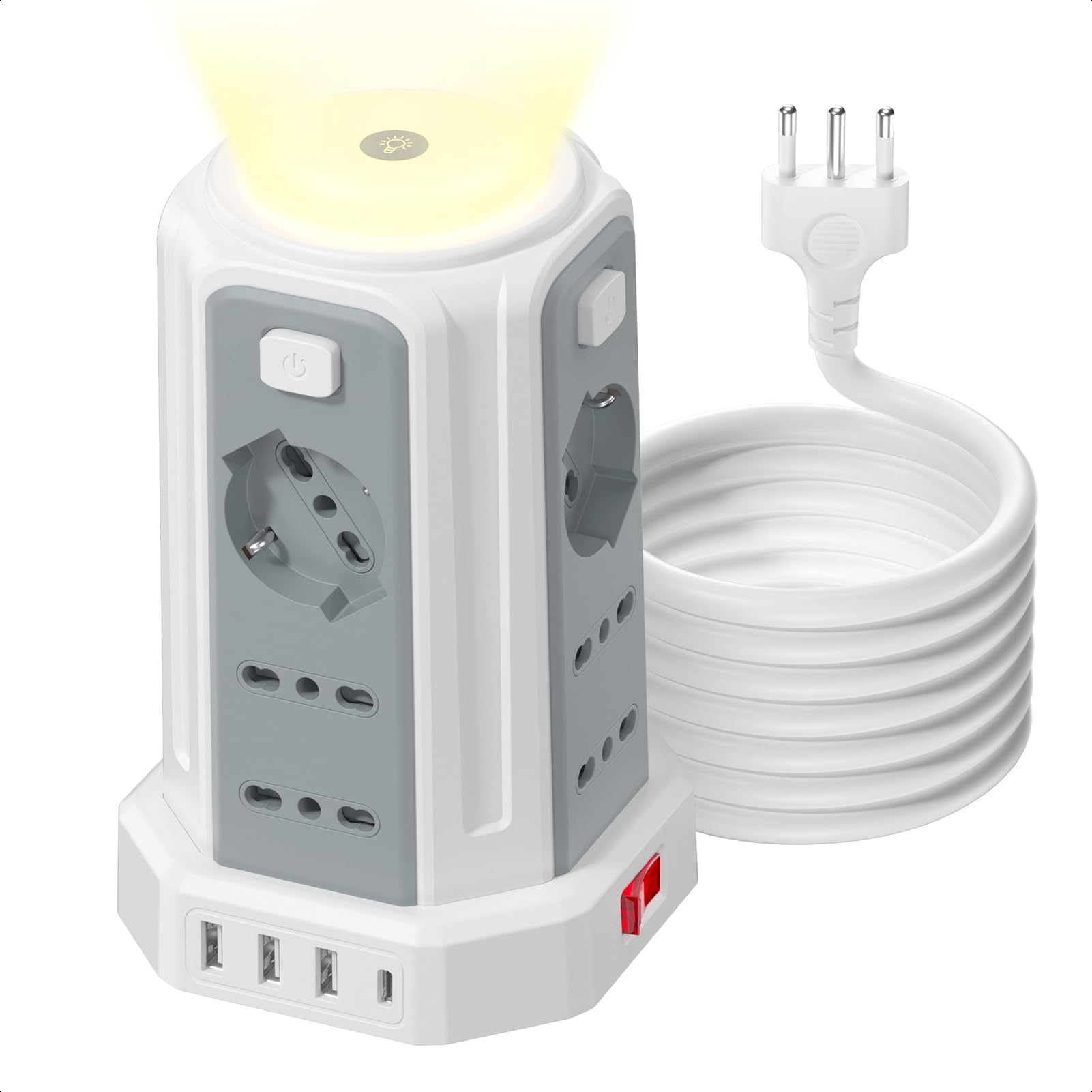 Regleta eléctrica con luz nocturna, 12 tomas universales 10/16 A ITA y Schuko y 3 USB A+1 USB C protección contra sobretensión con 4 interruptores independientes para la oficina, la casa