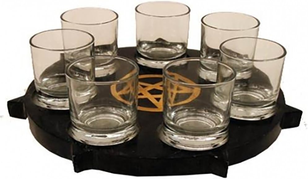 Raum der Stille Pentagram Candle Holder for Seven Tea Lights Made of Black Soapstone (with Seven Glasses)