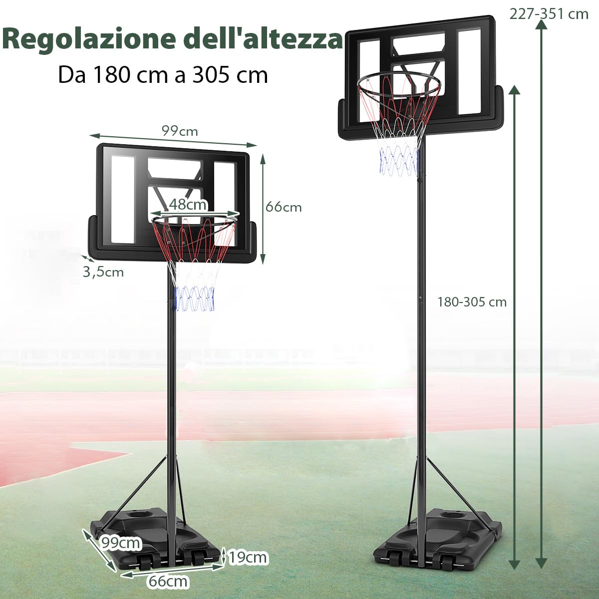 COSTWAY Canestro da Basket Portatile e Regolabile 180-305 cm, Canestro da Basket da Esterno ed Interno con Tabellone Resistente, Rete di Nylon e Base Riempibile, Ideale per Adolescenti e Adulti