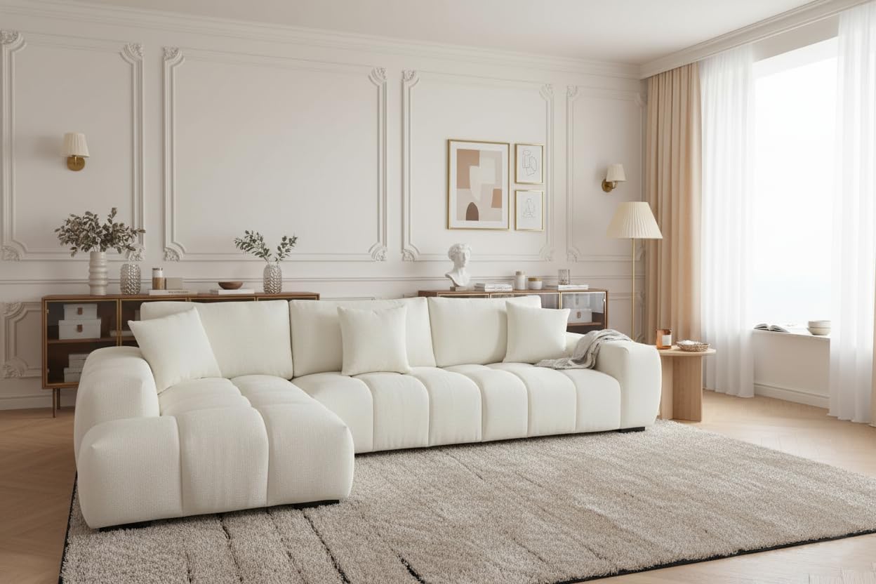 118" Modular Curved Back Sofa Cloud Couch with Chaise Chenille L-Shaped Minimalist Sectional Couches for Living Room, Fluffy Boucle Sofa Chaise Set with Deep Seat & Wider Arms (Left Facing Chaise)