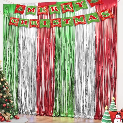 Image of OHOME Christmas Party Decorations - Christmas Decorations | Red Green Silver Backdrop Banner for Wall Door | Xmas Birthday Party Favors Supplies Indoor Outdoor - Navidad Photo Booth Props for Home