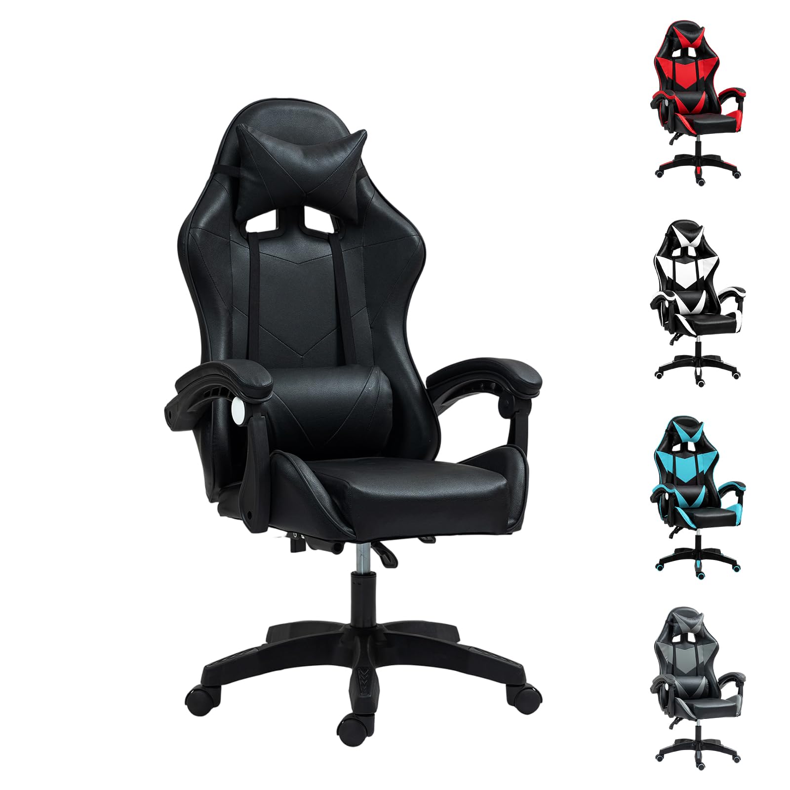 Sulwena Ergonomic Gaming Chair, Reclining Computer Chairs 360° Swivel Office Desk Chair with Massage Lumbar Cushion + Headrest, Height-Adjustable Video Game Chairs for Adults (Black + Black)