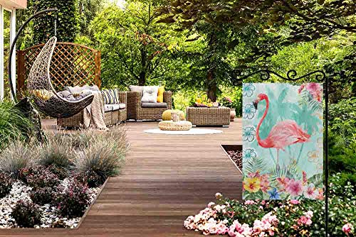 Aoyego Pink Flamingo Garden Yard Flag 12.5"X 18" Double Sided Polyester Summer Fresh Palm Trees Background Watercolor Flowers House Flag Banners For Patio Lawn Outdoor Home Decor #TOP4