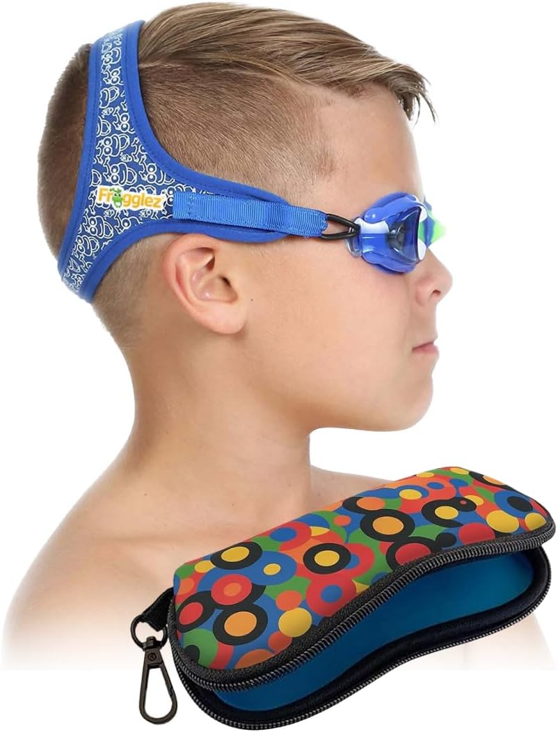 Frogglez Swim Goggles for Kids (Blue Frogz) & Goggles Case Bundle - Premium Pain-Free Strap | Anti-Fog Tinted Lenses