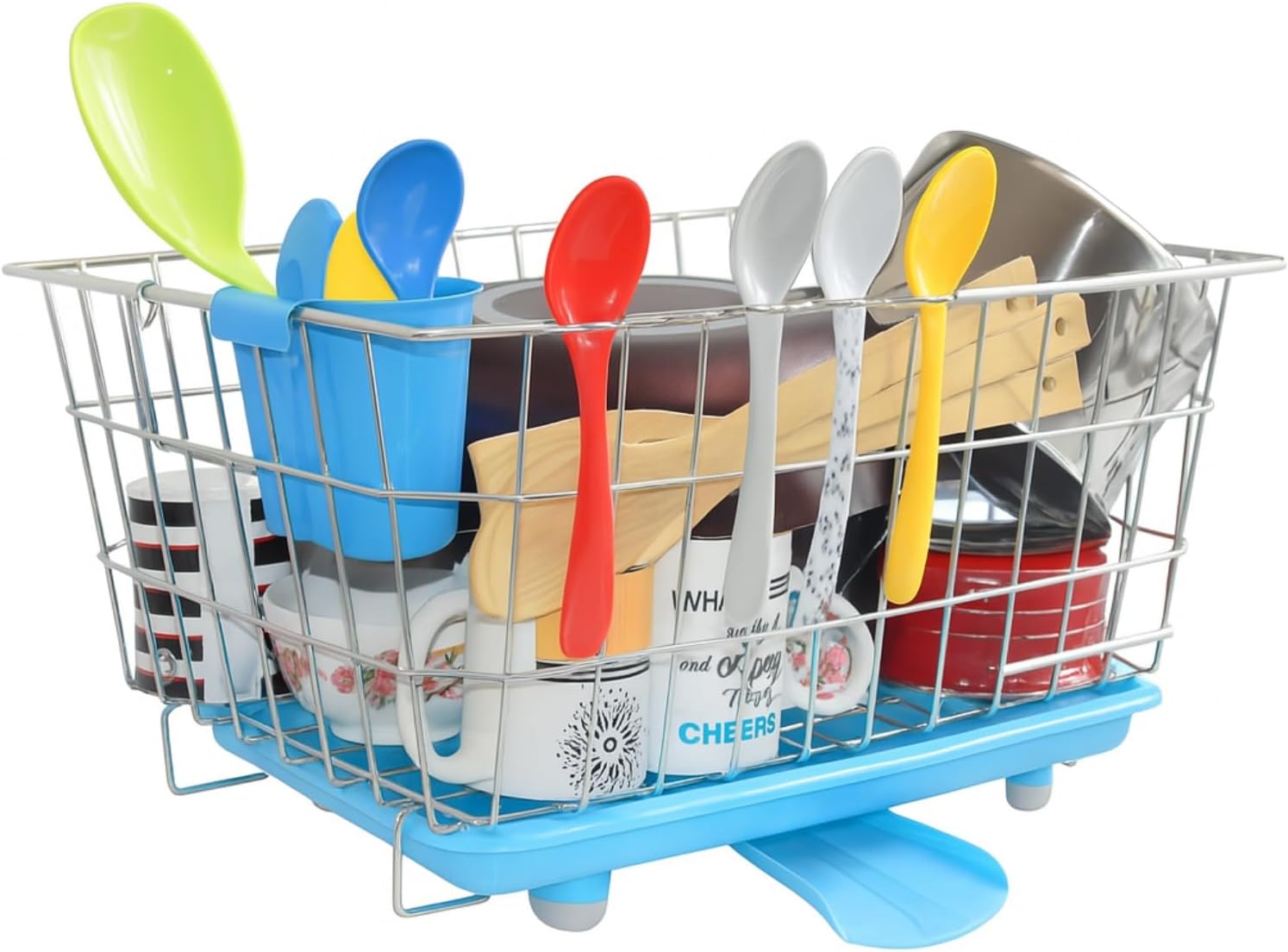 BURAQ Stainless Steel Dish Drainer Rack with Auto Water Drain Tray|Heavy-Duty Utensils Basket for After-Wash Drying|Kitchen Dish Rack with Spoon Holder&Tray|Bartan Stand Organizer,52 x 42 x 25 Cm