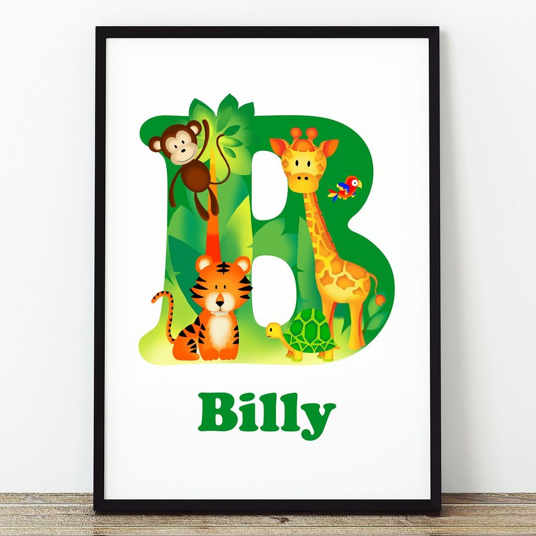 Rubybloom Designs Safari Nursery Print Personalised Jungle Animals - A4 Prints UNFRAMED - Childrens Name Monkey Giraffe Tiger Lion Baby Wall Art Poster Home Decor Picture