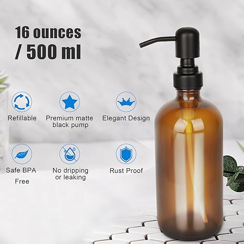 Miniatura 5 de Dispensador de jabón de vidrio ámbar con bomba y bandeja, botellas dispensadoras de jabón para platos de manos para jabón de manos, jabón para