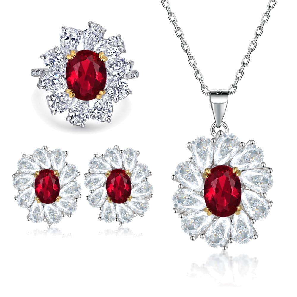 CFWSHJ 14K Gold Rubin Moissanit Ring Ohrstecker Halskette Set, dreiteiliges Schmuckset für Damen, luxuriöser Edelsteinschmuck für Elegantes Styling