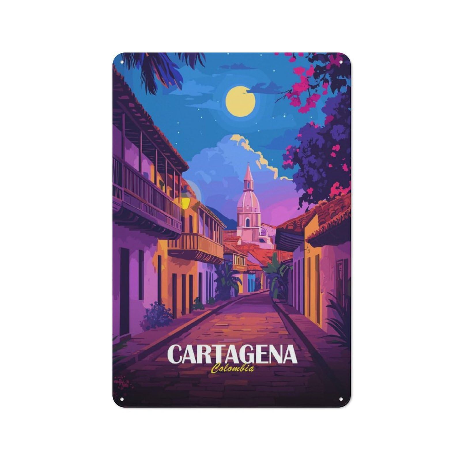 Junmoney Cartagena Colombia Street View Illustration Country Farmhouse Metal Sign 30X20cm, Farmhouse Wall Decor For Dining Room, Cafe, Entryway Or Family Room