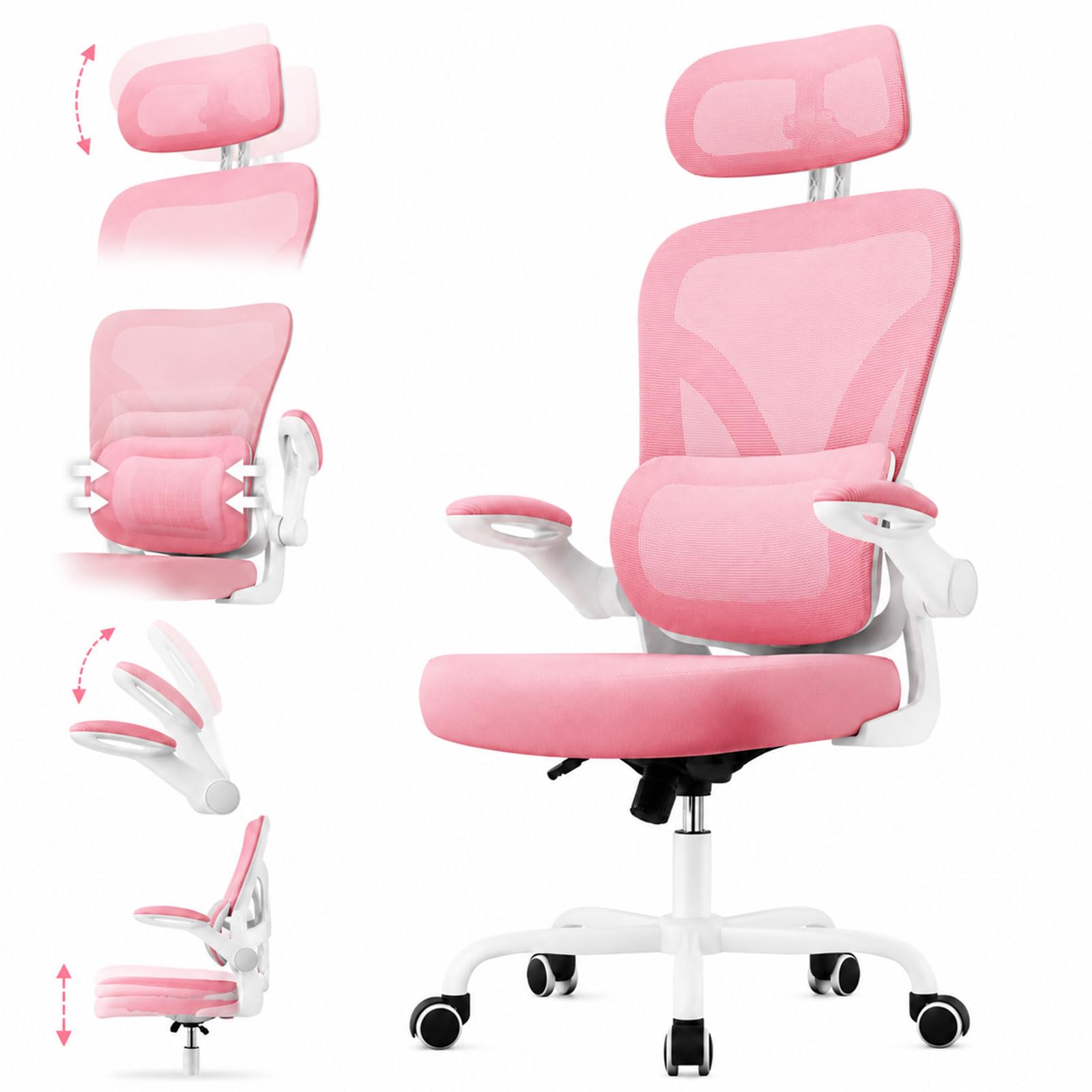 naspaluro Ergonomischer Bürostuhl, Drehstuhl mit Mesh, Lenden- und Kopfstütze, Hochklappbaren Armlehnen, Wippfunktion, 50 cm großer Sitzfläche, Belastbar bis 110 kg, für Home Office, Büro & Studenten