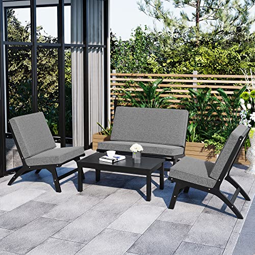 GO 4-Piece V-Shaped Seats Set, Acacia Solid Wood Outdoor Sofa, Garden Furniture, Outdoor Seating, Black and Gray